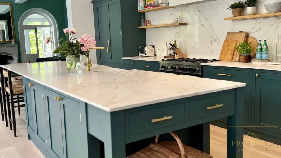 Elegant classic kitchen featuring teal cabinets, statement island, warm wood details, and light natural flooring, Lombard
