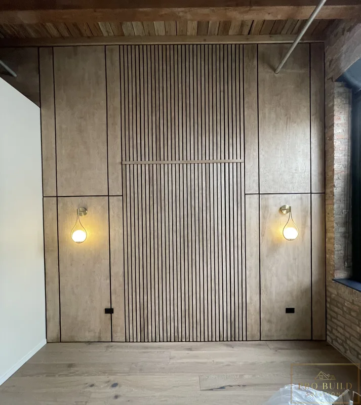 Soundproof Interior wall with lit Scone Lighting, Carol Stream, IL