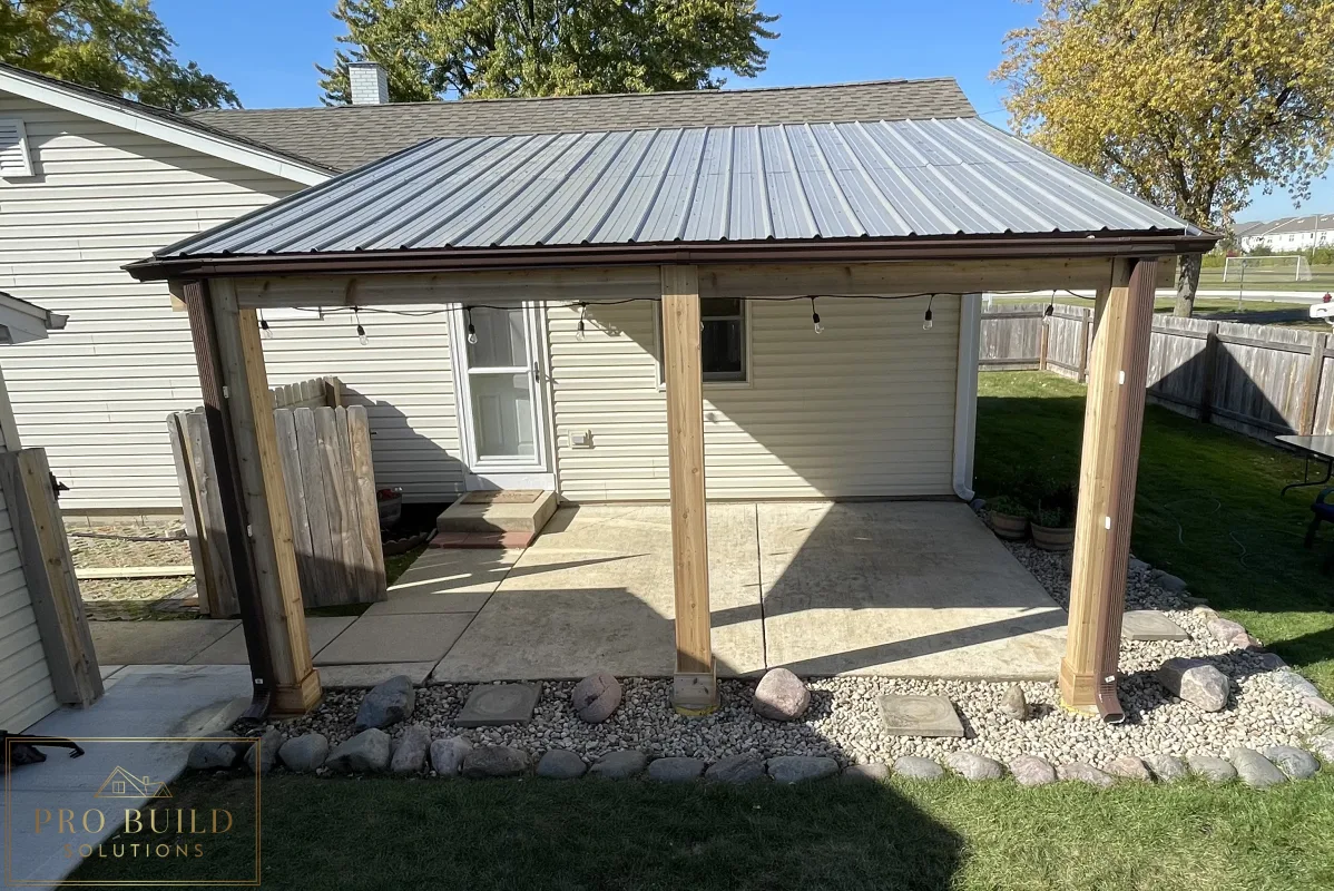 Front View of Custom 24'*16' Skylift Pergola with Cedar Cased Posts and Aluminum Gutters for proper drainage, Rolling Meadows, IL