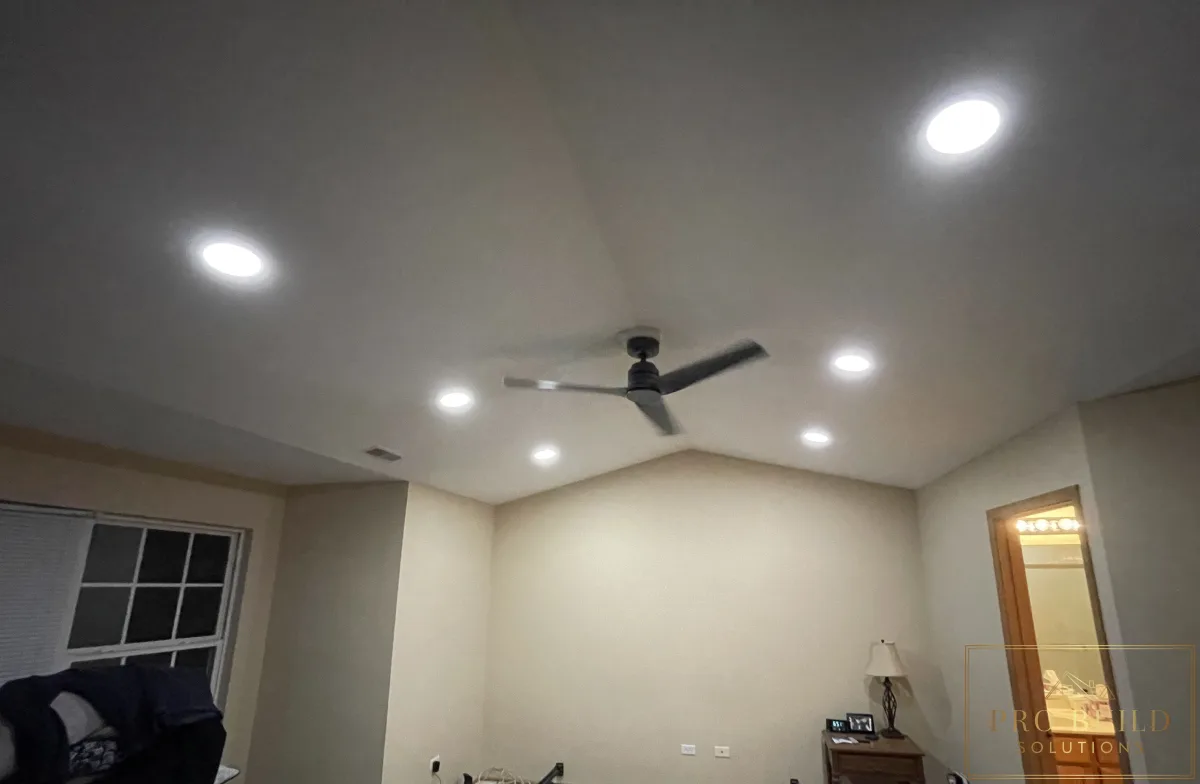 Vaulted Bedroom Lighting upgraded with Canlights and Ceiling Fan, Romeoville