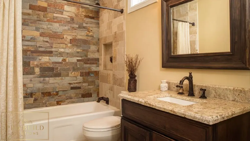 Classic traditional bathroom design featuring a custom wood vanity, natural stone tile surround, and warm bronze fixtures, Brookfield