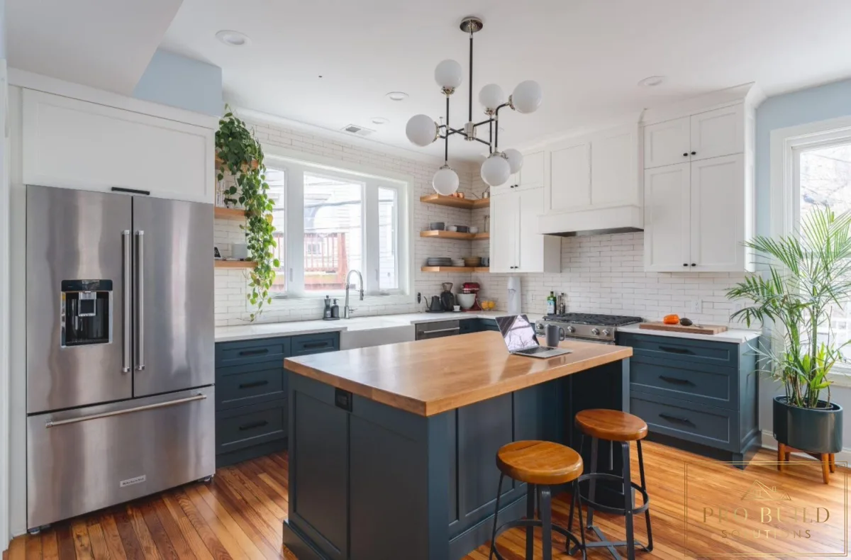 Traditional-inspired kitchen with blue lower cabinets, white upper cabinets, butcher block island, and subway tile backsplash, Romeoville