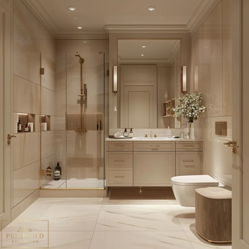 Elegant transitional bathroom design featuring custom vanity storage, frameless shower enclosure, and soft neutral finishes, Glen Ellyn, IL