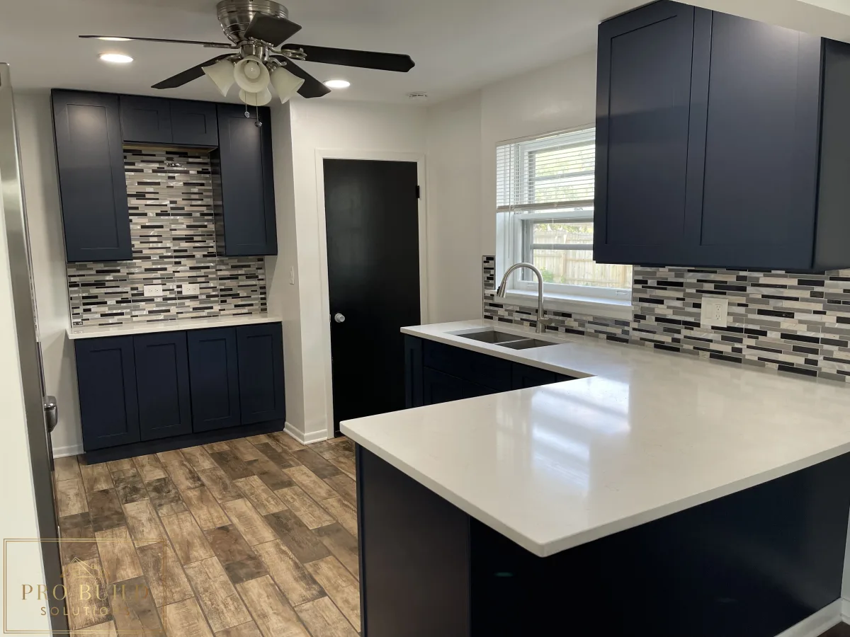 Kitchen Renovation: Coffee Station, Navy Soft Close Cabinets, Mosaic Backsplash, Granite Countertop, 6*24 Ceramic Wood Flooring, La Grange, IL