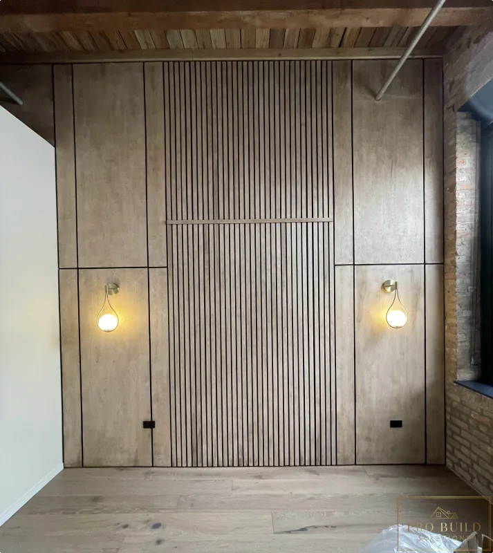 Soundproof Interior wall with lit Scone Lighting, Carol Stream, IL