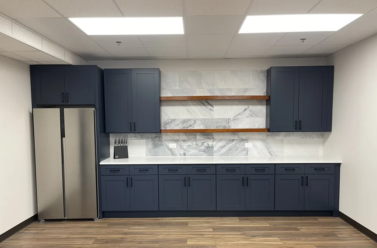 Elegant Navy Shakers and Cabinets, complimented with White/Blue Mosiac 12"*24" Backsplash and Floating Shelving., Oswego, IL
