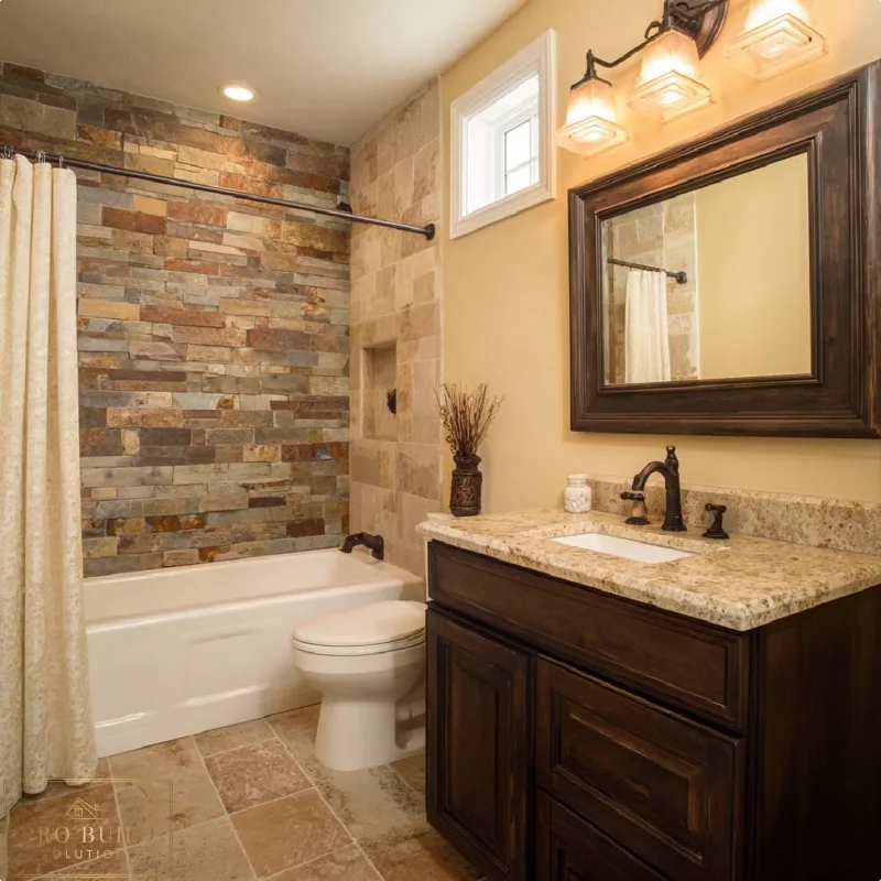 Classic traditional bathroom design featuring a custom wood vanity, natural stone tile surround, and warm bronze fixtures, Brookfield