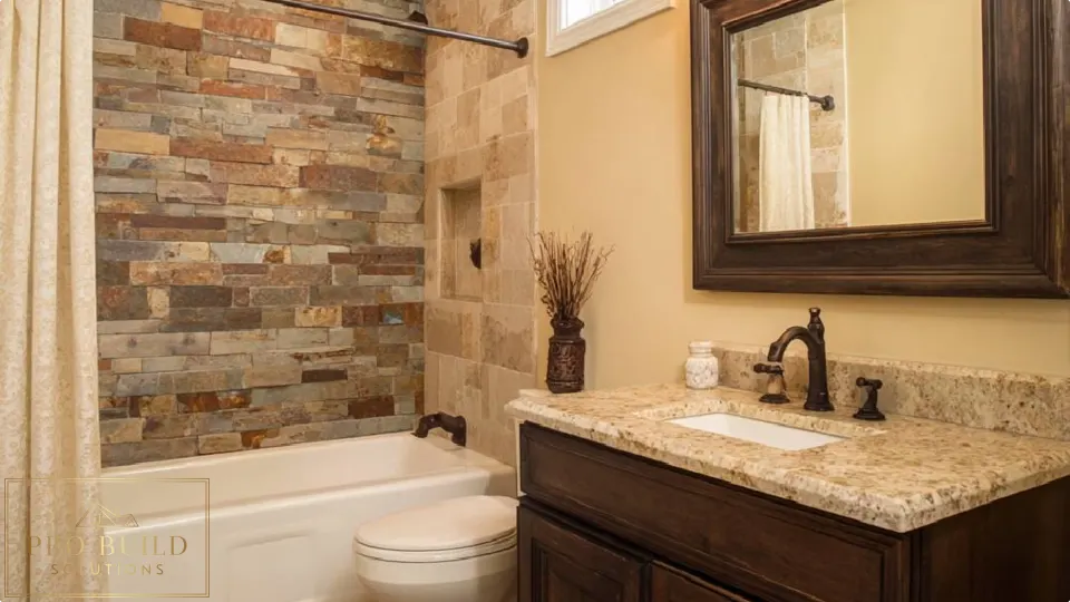 Classic traditional bathroom design featuring a custom wood vanity, natural stone tile surround, and warm bronze fixtures, Brookfield