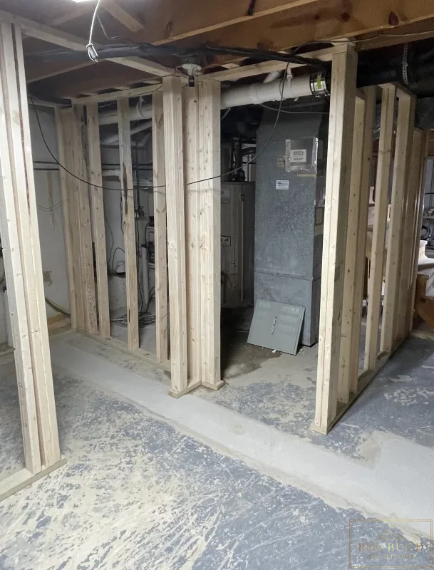 Framing with preasure treated bottom plate for the Mechanical Room being created, Glen Ellyn, IL