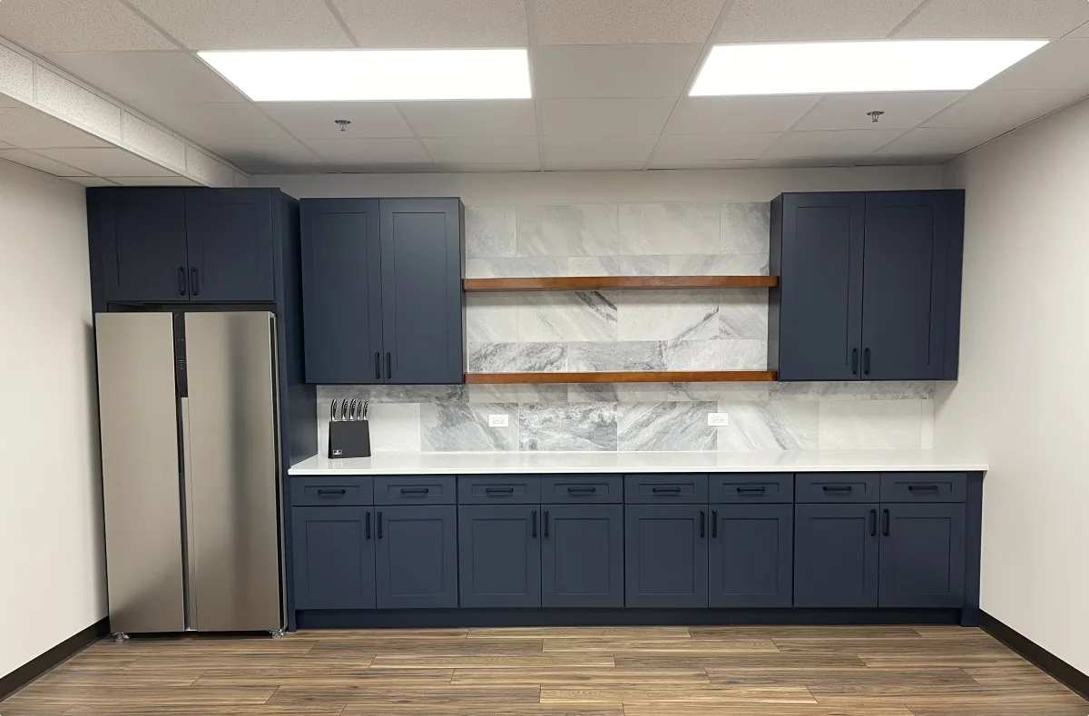 Elegant Navy Shakers and Cabinets, complimented with White/Blue Mosiac 12"*24" Backsplash and Floating Shelving., Oswego, IL