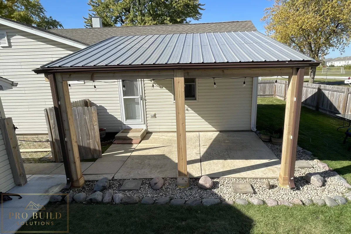 Front View of Custom 24'*16' Skylift Pergola with Cedar Cased Posts and Aluminum Gutters for proper drainage, Rolling Meadows, IL