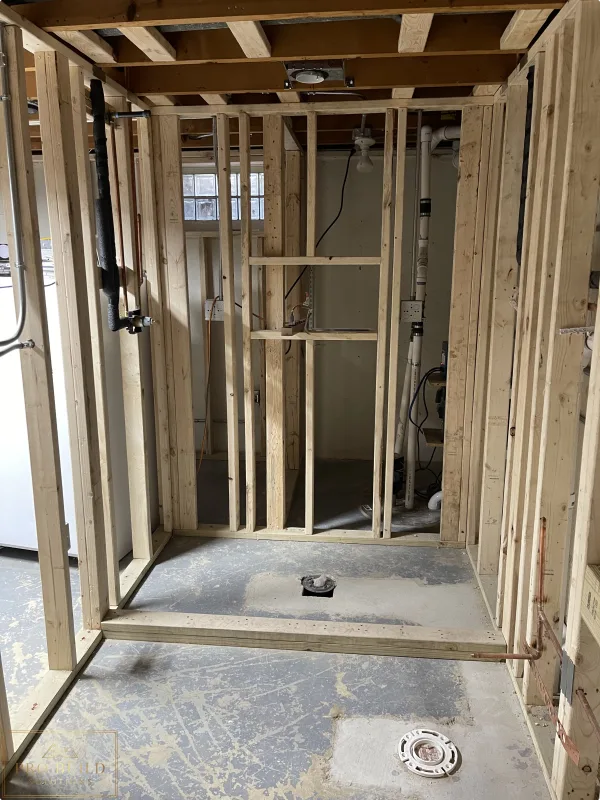 Framing with preasure treated bottom plate for the New Shower being created in the Basement, Itasca, IL