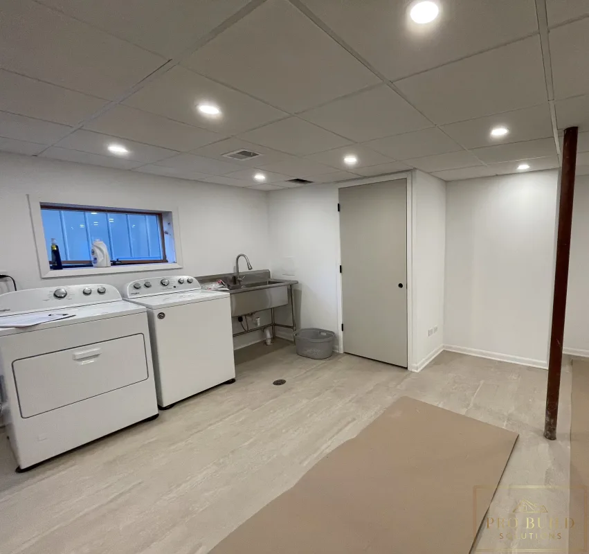 Views of the New Storage Door in the Basement finishing project with laundry space, recessed ceiling lights, closet doors, and durable plank flooring before Final Paint, Western Springs