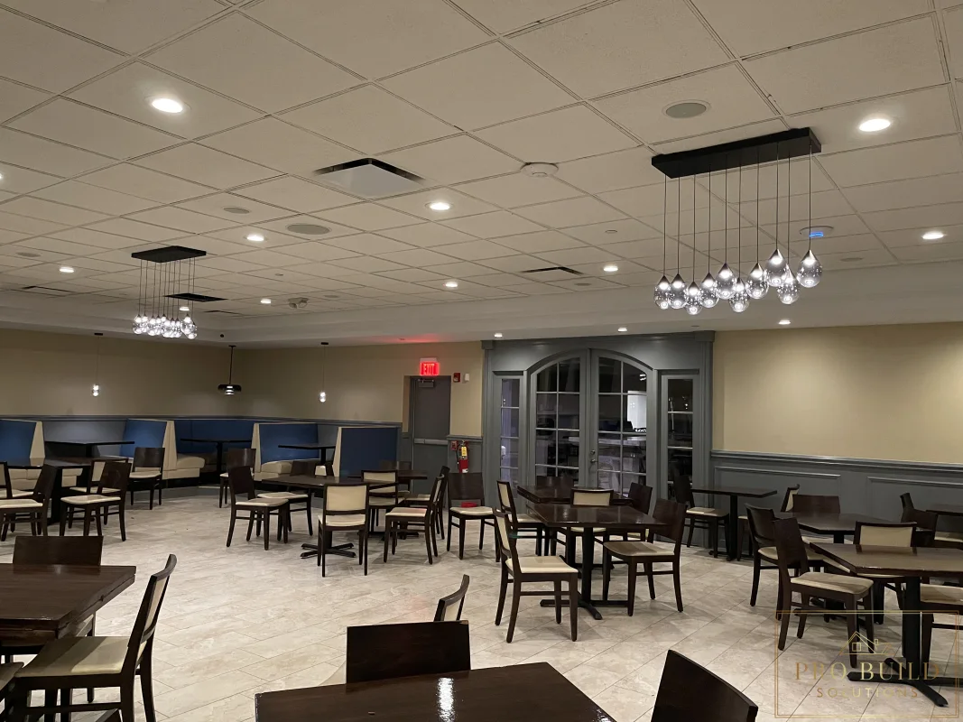 Restaurant dining area during commercial electrical and lighting upgrade, Schaumburg, IL