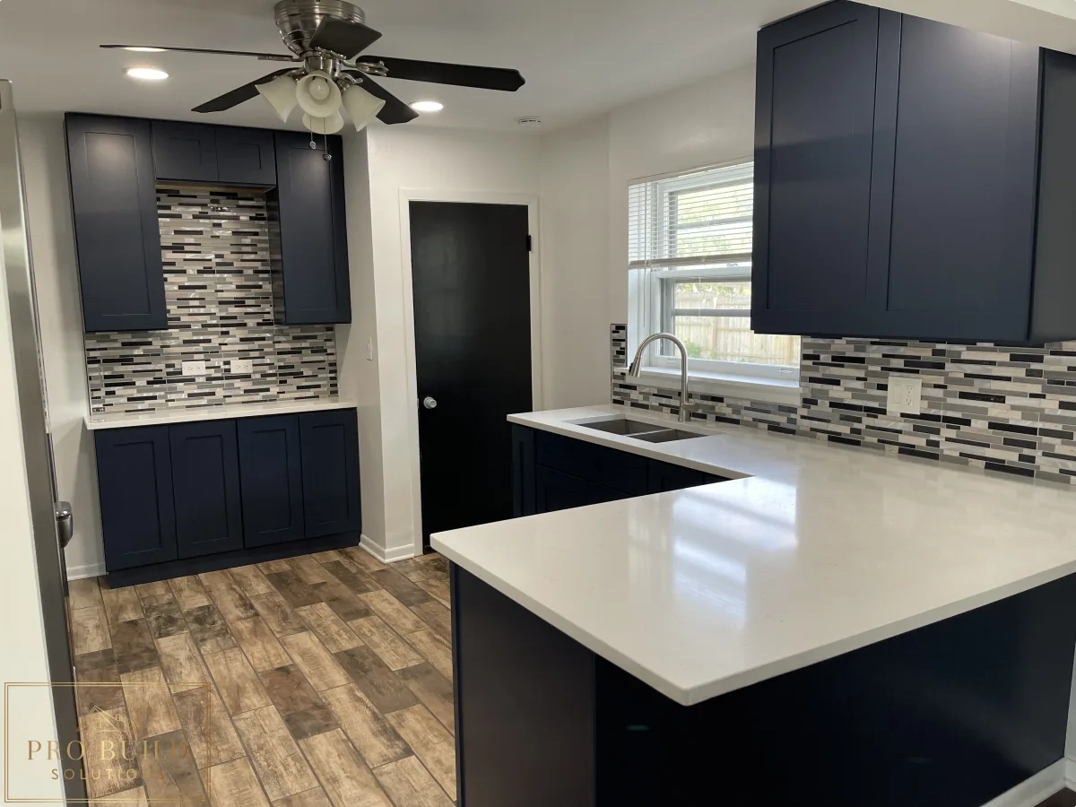 Kitchen Renovation: Coffee Station, Navy Soft Close Cabinets, Mosaic Backsplash, Granite Countertop, 6*24 Ceramic Wood Flooring, La Grange, IL