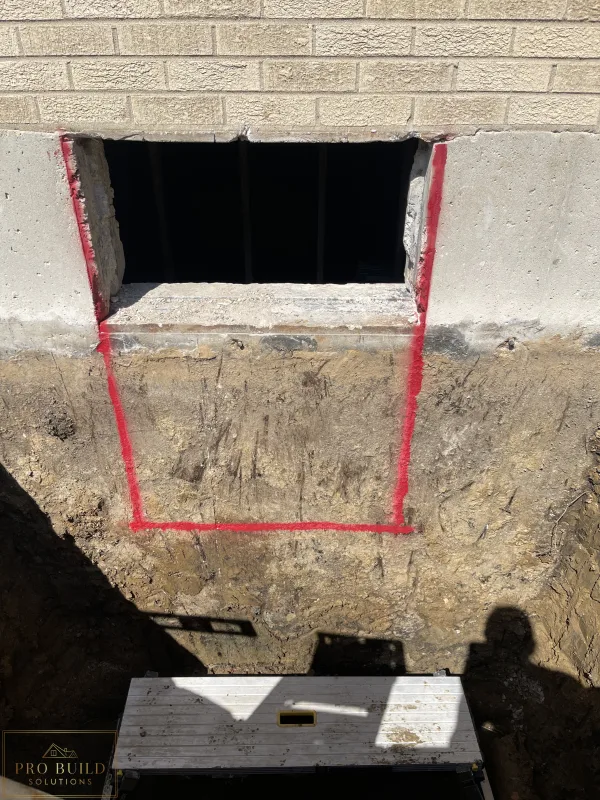 Egress window area trenched to the bottom of the foundation for proper drainage, while tracing the 24"w * 48"h opening for the window., Elmhurst