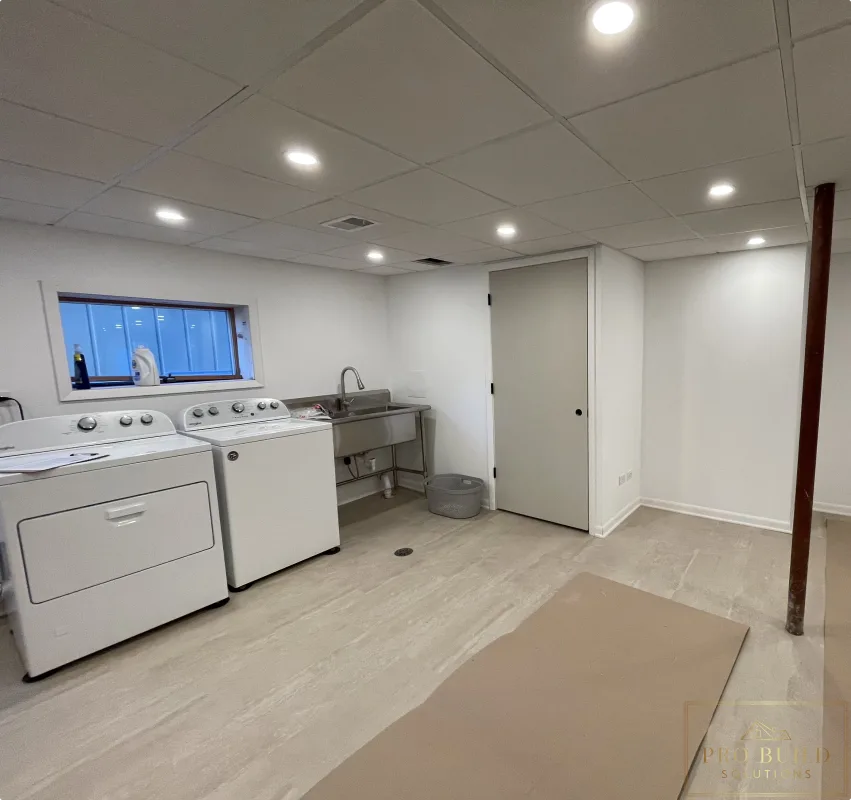 Views of the New Storage Door in the Basement finishing project with laundry space, recessed ceiling lights, closet doors, and durable plank flooring before Final Paint, Western Springs
