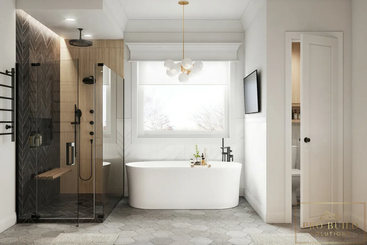 Transitional spa bathroom remodel with freestanding tub, black-framed glass shower, and mixed wood and stone accents, Naperville, IL