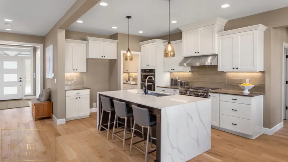 Elegant white kitchen featuring classic cabinetry, quartz island seating, pendant lighting, and soft neutral finishes, Bartlett, IL