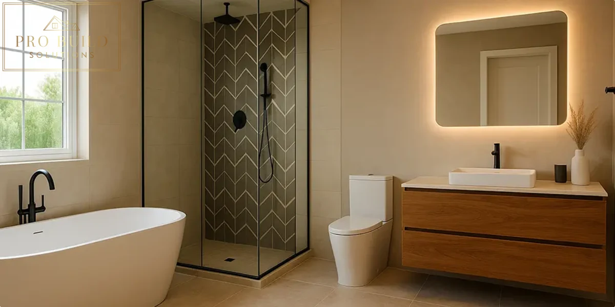Minimalist spa-style bathroom featuring warm wood vanity, illuminated mirror, walk-in shower, and matte black fixtures, Oakbrook