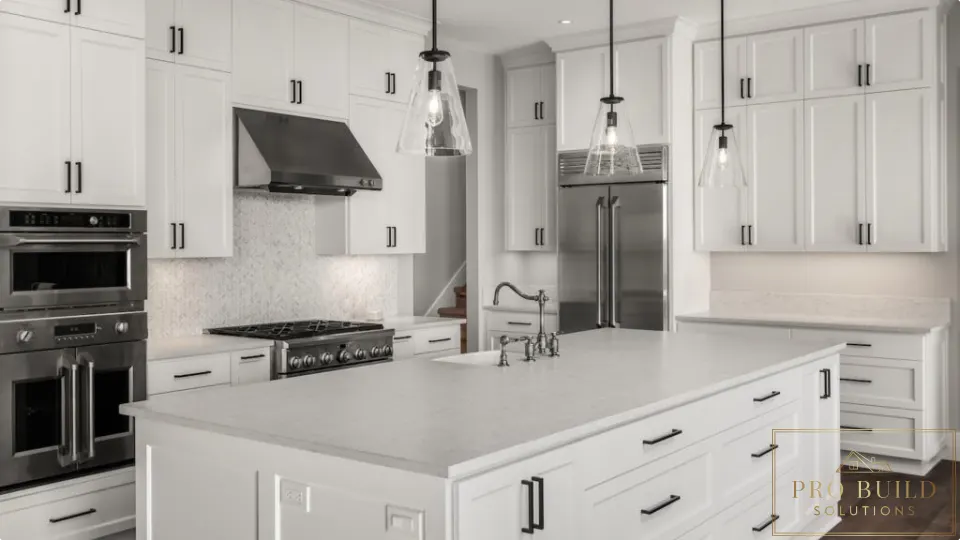Traditional all-white kitchen with oversized island, stainless appliances, glass pendant lights, and dark wood flooring, Wheaton, IL