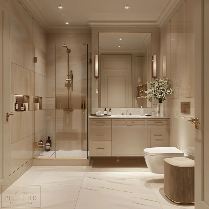 Elegant transitional bathroom design featuring custom vanity storage, frameless shower enclosure, and soft neutral finishes, Glen Ellyn, IL