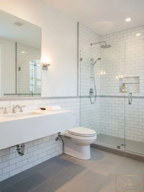 Clean traditional bathroom design featuring a glass walk-in shower, white tile walls, and timeless neutral finishes, Addison