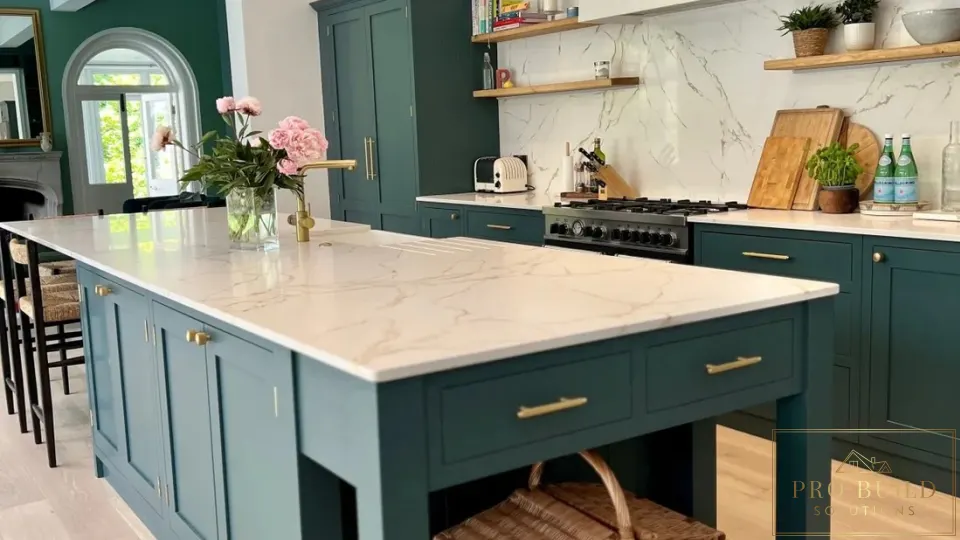 Elegant classic kitchen featuring teal cabinets, statement island, warm wood details, and light natural flooring, Lombard