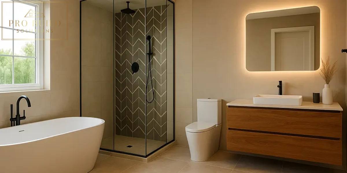 Minimalist spa-style bathroom featuring warm wood vanity, illuminated mirror, walk-in shower, and matte black fixtures, Oakbrook