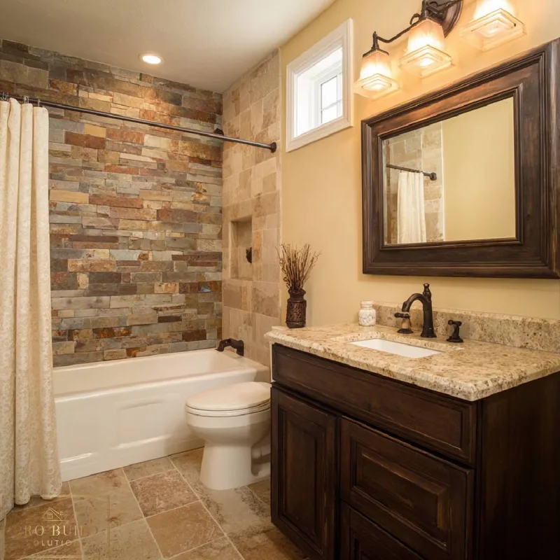 Classic traditional bathroom design featuring a custom wood vanity, natural stone tile surround, and warm bronze fixtures, Brookfield