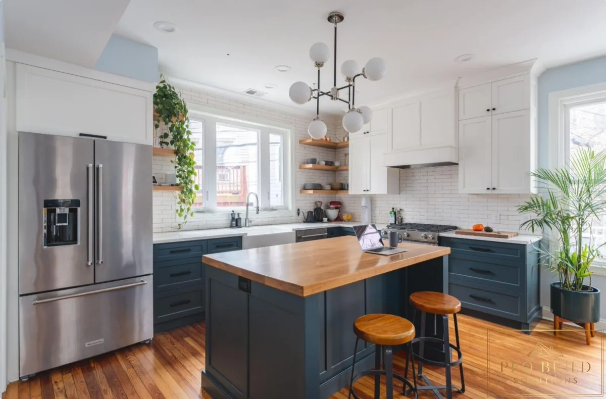 Traditional-inspired kitchen with blue lower cabinets, white upper cabinets, butcher block island, and subway tile backsplash, Romeoville