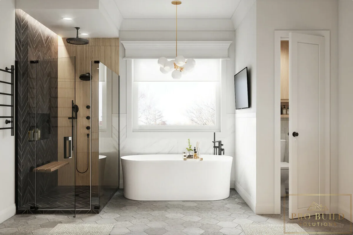 Transitional spa bathroom remodel with freestanding tub, black-framed glass shower, and mixed wood and stone accents, Naperville, IL