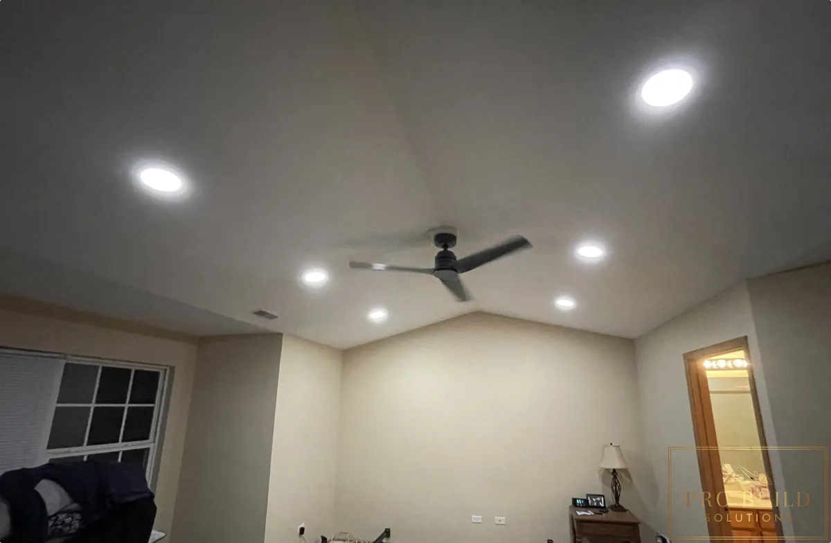 Vaulted Bedroom Lighting upgraded with Canlights and Ceiling Fan, Romeoville
