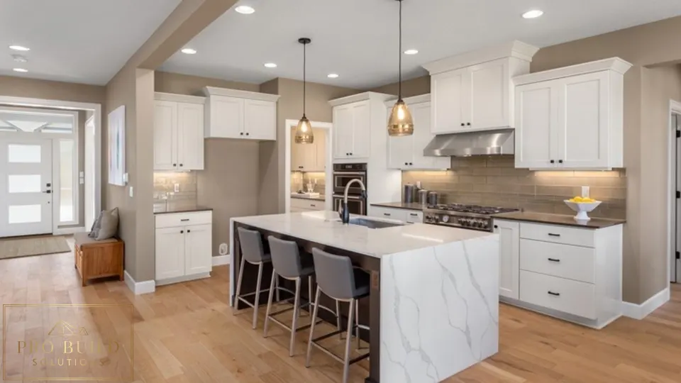 Elegant white kitchen featuring classic cabinetry, quartz island seating, pendant lighting, and soft neutral finishes, Bartlett, IL