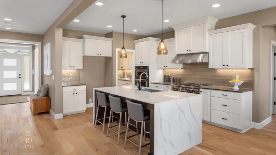Elegant white kitchen featuring classic cabinetry, quartz island seating, pendant lighting, and soft neutral finishes, Bartlett, IL