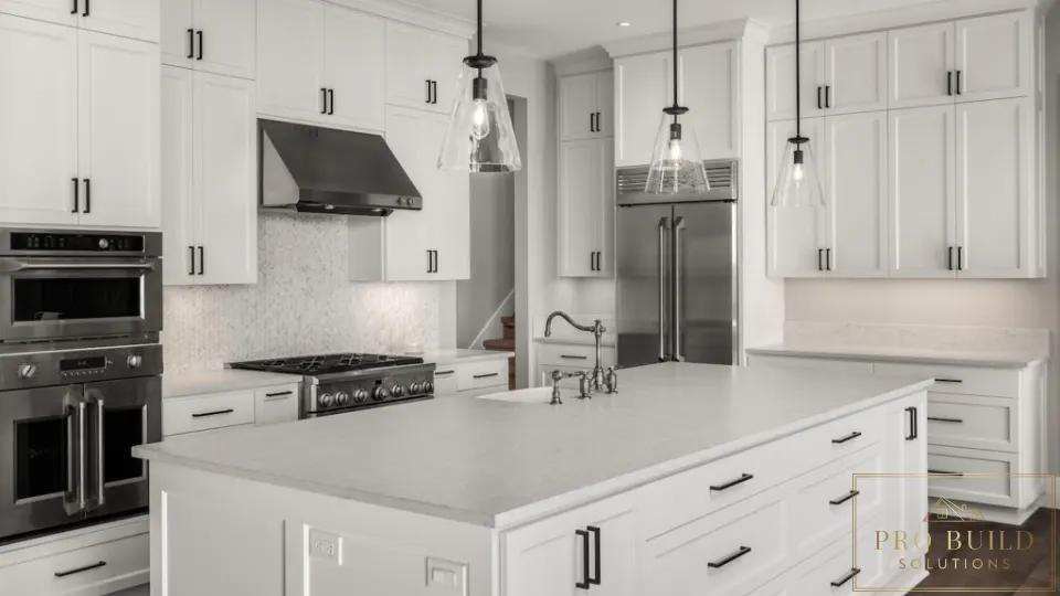 Traditional all-white kitchen with oversized island, stainless appliances, glass pendant lights, and dark wood flooring, Wheaton, IL