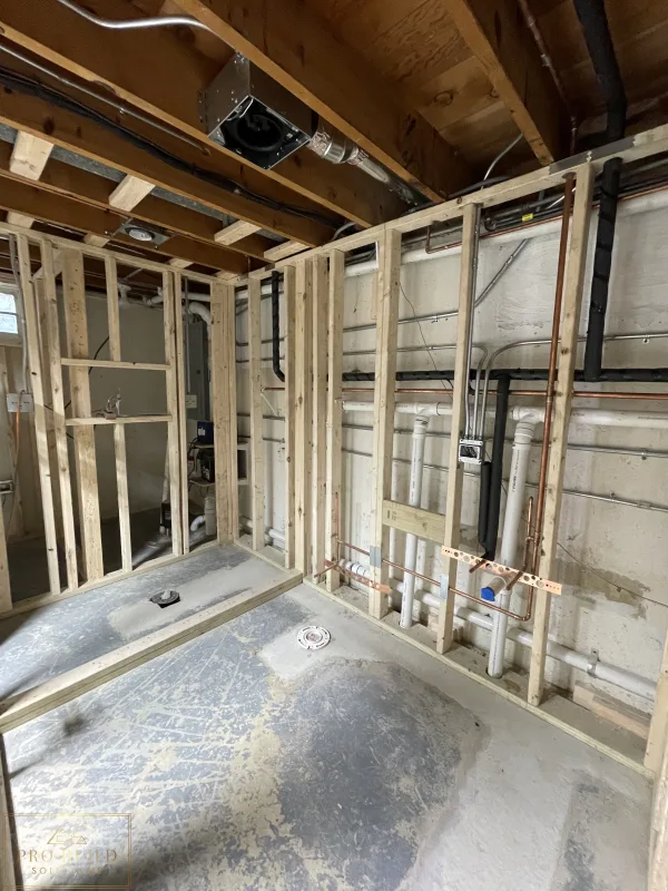 Framing with preasure treated bottom plate for the New Bathroom being created in the Basement, Itasca, IL