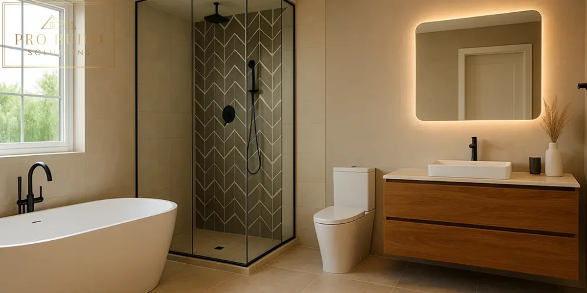 Minimalist spa-style bathroom featuring warm wood vanity, illuminated mirror, walk-in shower, and matte black fixtures, Oakbrook