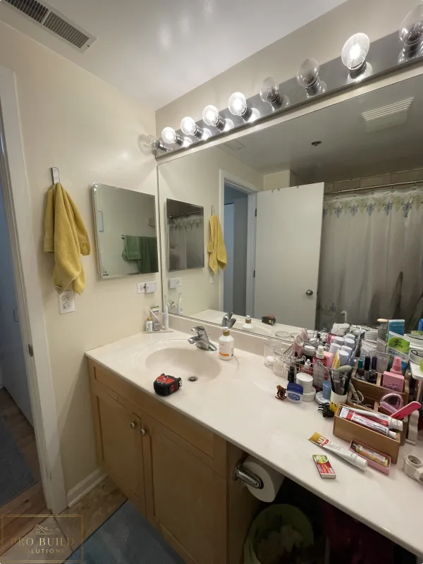 Outdated Bathroom Vanity with Oversized mirror and Medicine Cabinet, Lisle, IL