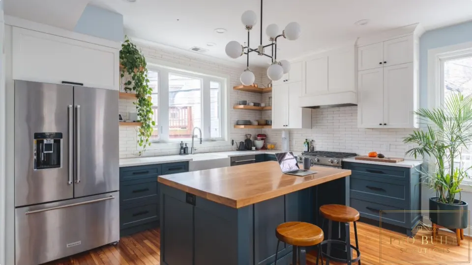 Traditional-inspired kitchen with blue lower cabinets, white upper cabinets, butcher block island, and subway tile backsplash, Romeoville