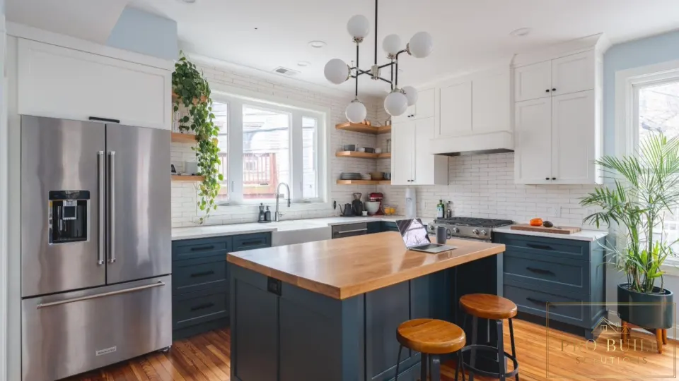 Traditional-inspired kitchen with blue lower cabinets, white upper cabinets, butcher block island, and subway tile backsplash, Romeoville