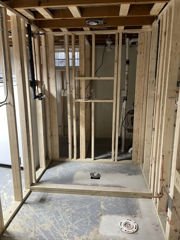 Framing with preasure treated bottom plate for the New Shower being created in the Basement, Itasca, IL