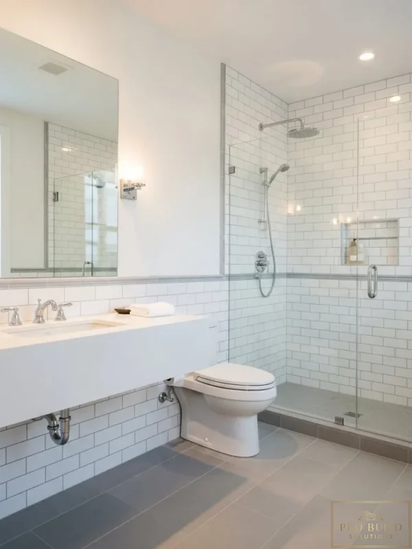 Clean traditional bathroom design featuring a glass walk-in shower, white tile walls, and timeless neutral finishes, Addison